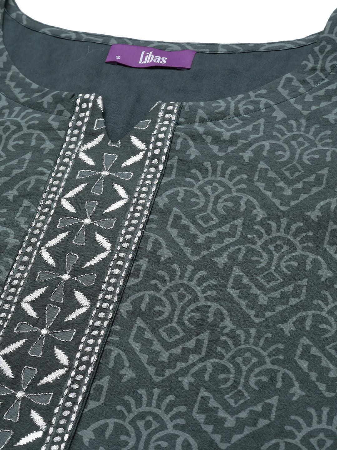 Grey Printed Chanderi Silk Straight Suit Set - ShopLibas 