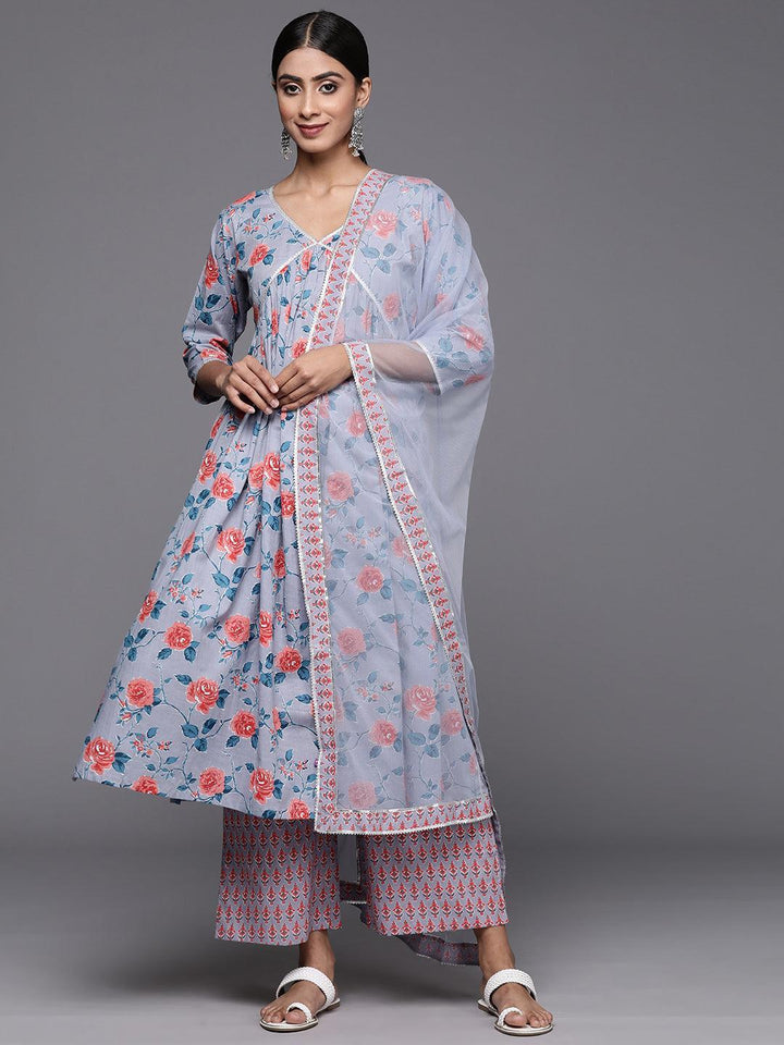 Grey Printed Cotton A-Line Kurta With Palazzos & Dupatta - Libas