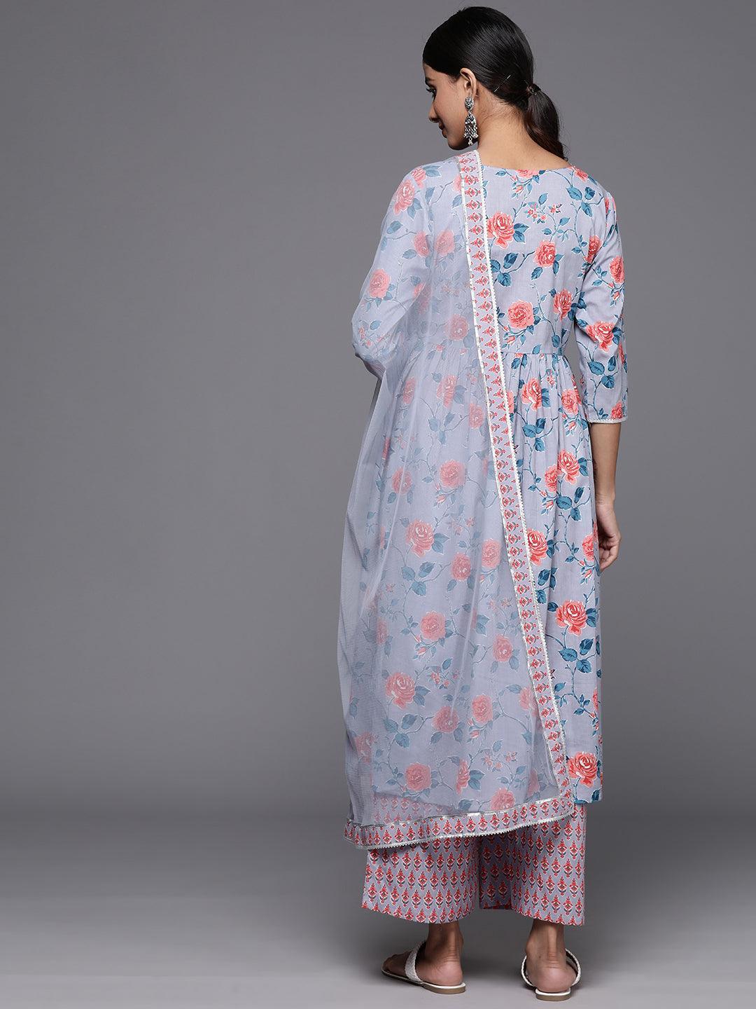 Grey Printed Cotton A-Line Kurta With Palazzos & Dupatta - Libas