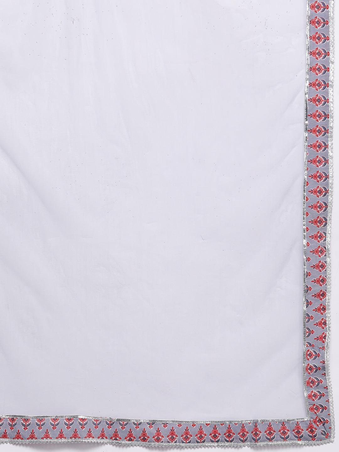 Grey Printed Cotton A-Line Kurta With Palazzos & Dupatta - Libas