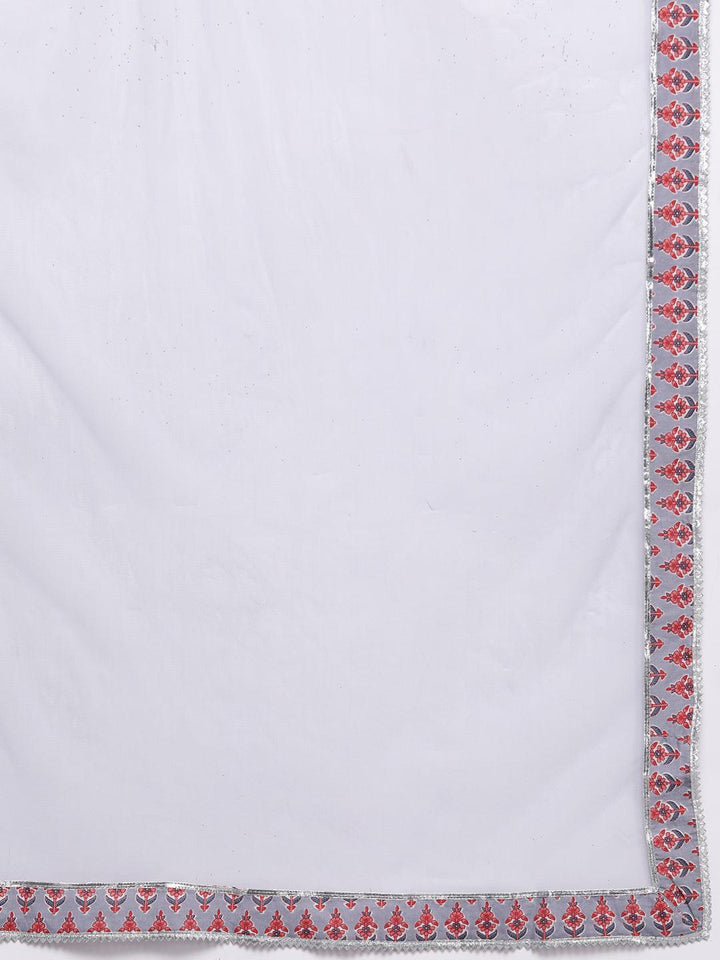 Grey Printed Cotton A-Line Kurta With Palazzos & Dupatta - Libas