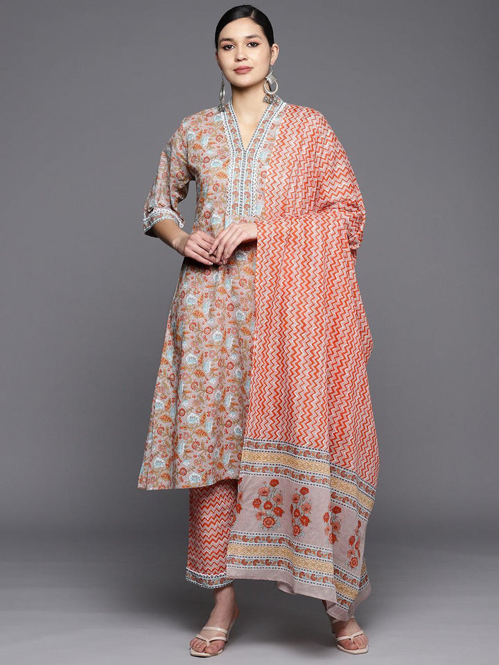Grey Printed Cotton A-Line Suit Set With Trousers