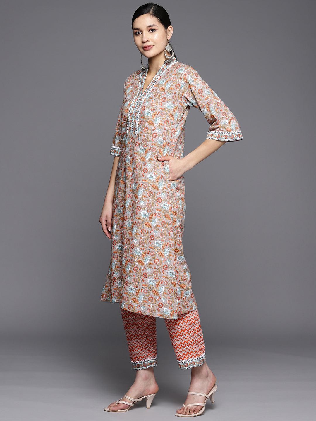 Grey Printed Cotton A-Line Suit Set With Trousers - ShopLibas 