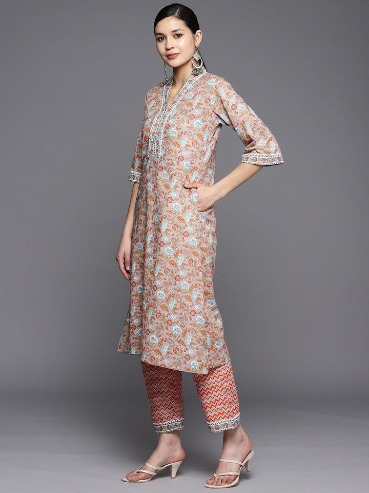 Grey Printed Cotton A-Line Suit Set With Trousers