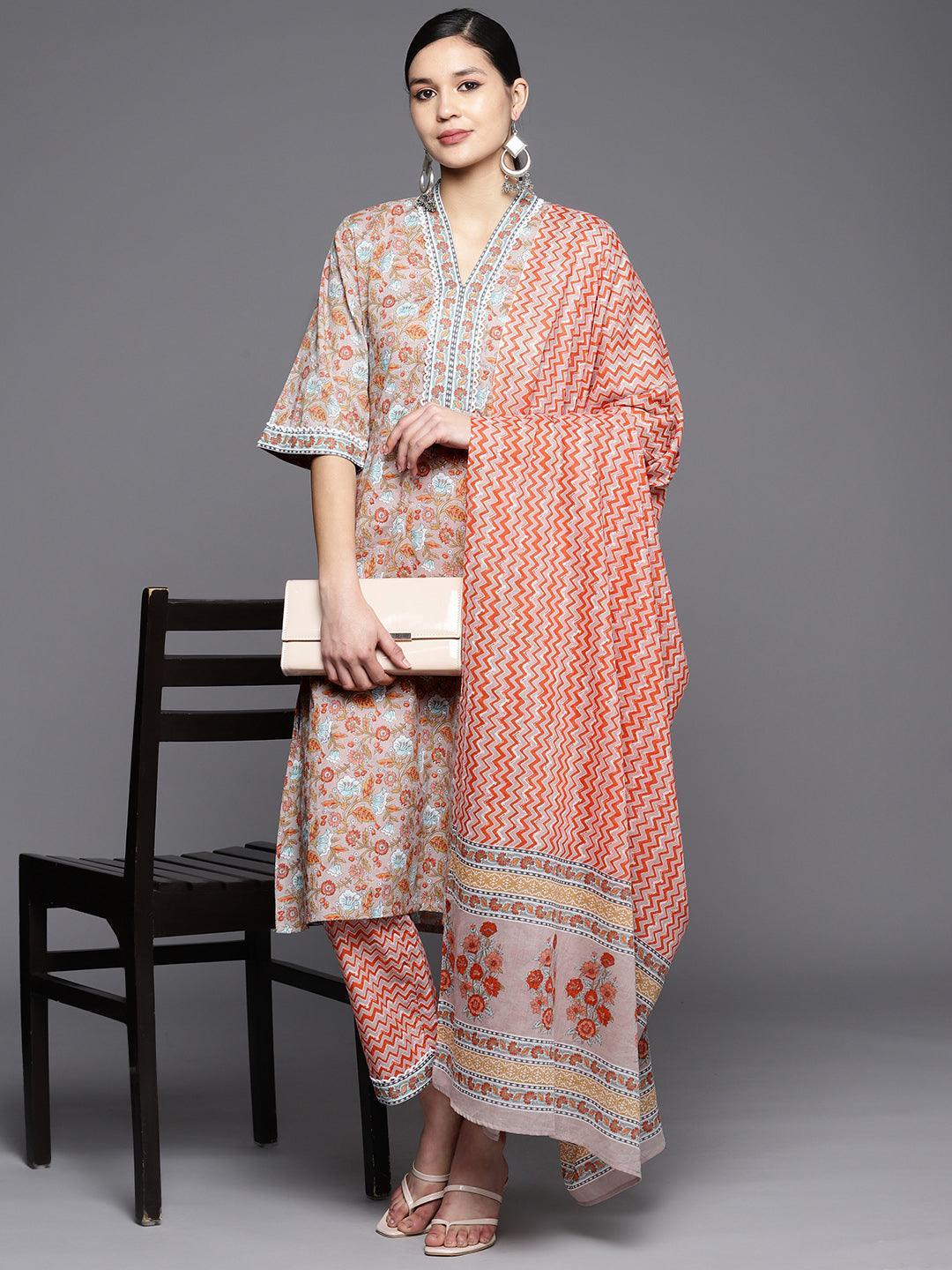 Grey Printed Cotton A-Line Suit Set With Trousers - ShopLibas 