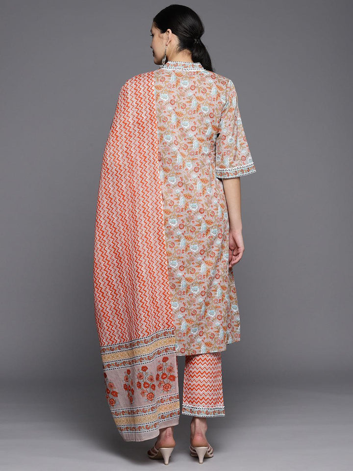 Grey Printed Cotton A-Line Suit Set With Trousers
