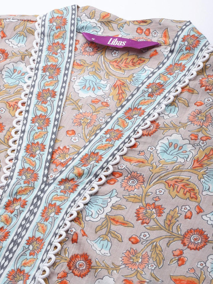 Grey Printed Cotton A-Line Suit Set With Trousers