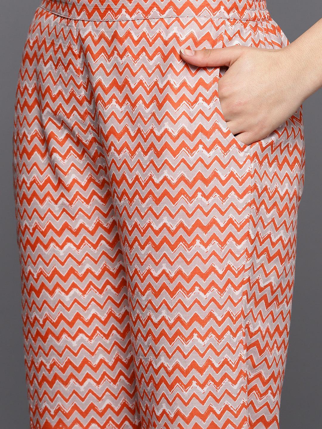 Grey Printed Cotton A-Line Suit Set With Trousers - ShopLibas 