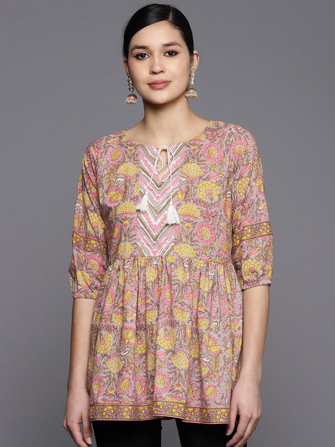 Grey Printed Cotton A-Line Kurti - ShopLibas