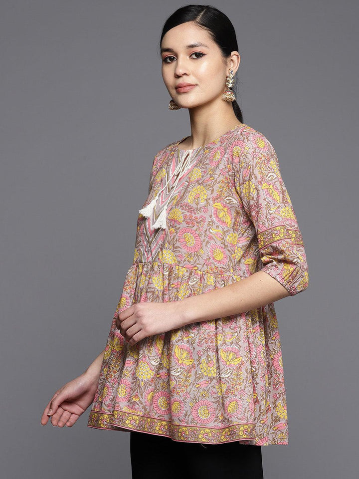 Grey Printed Cotton A-Line Kurti - ShopLibas