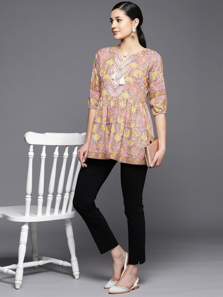 Grey Printed Cotton A-Line Kurti - ShopLibas