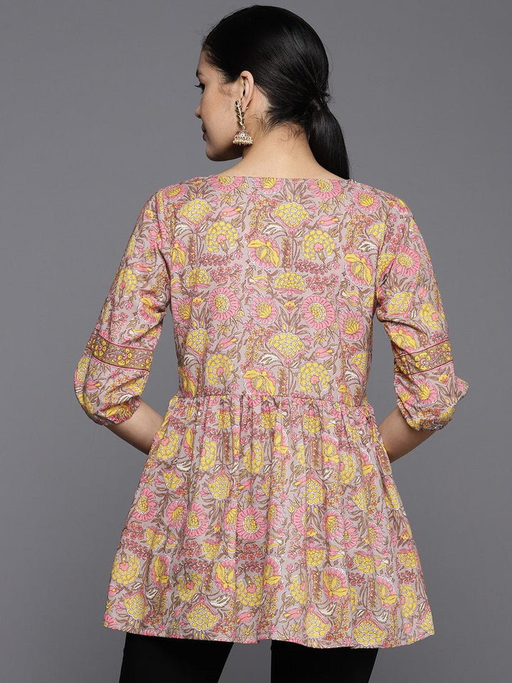 Grey Printed Cotton A-Line Kurti - ShopLibas
