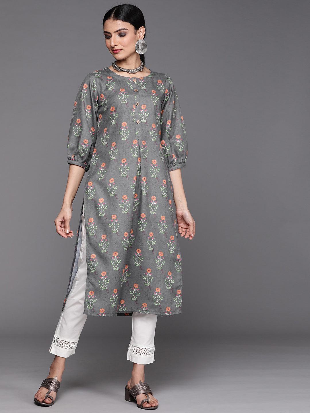 Grey Printed Cotton Kurta - Libas