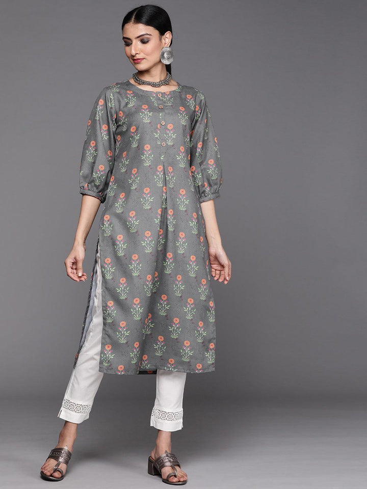 Grey Printed Cotton Kurta - Libas