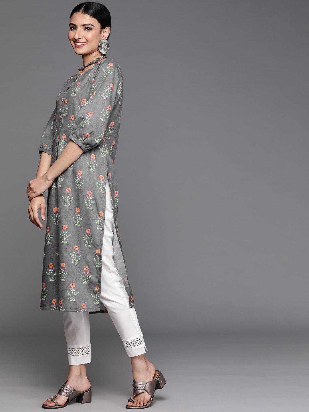 Grey Printed Cotton Kurta - Libas