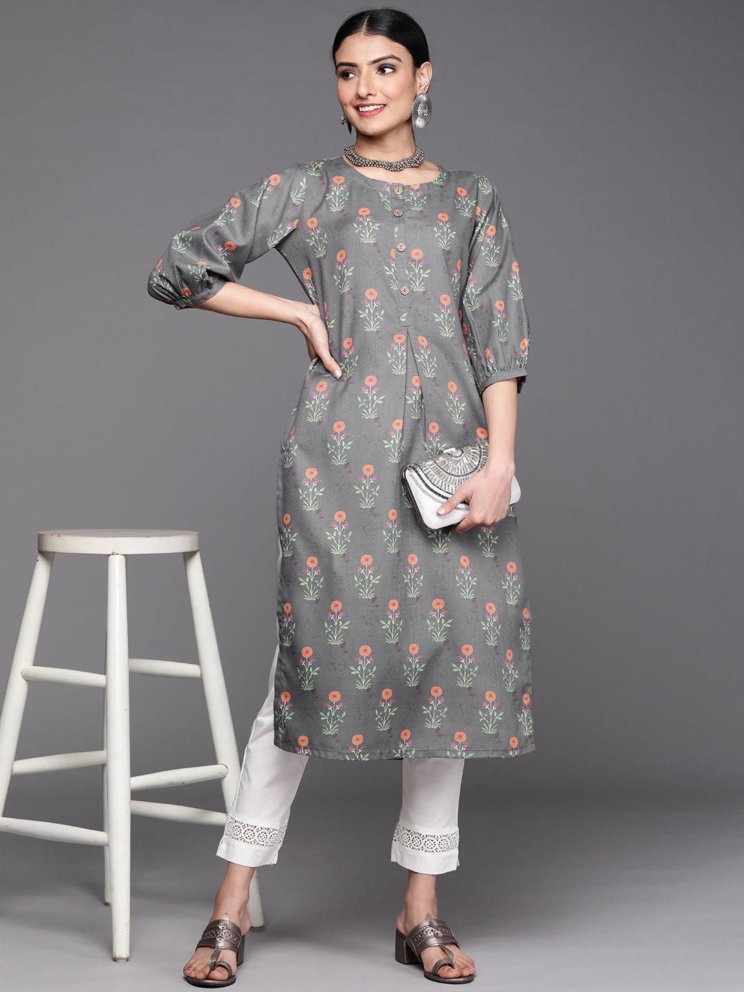 Grey Printed Cotton Kurta - Libas