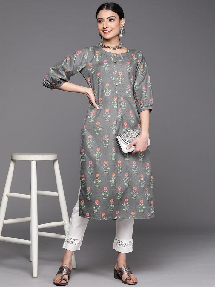Grey Printed Cotton Kurta - Libas