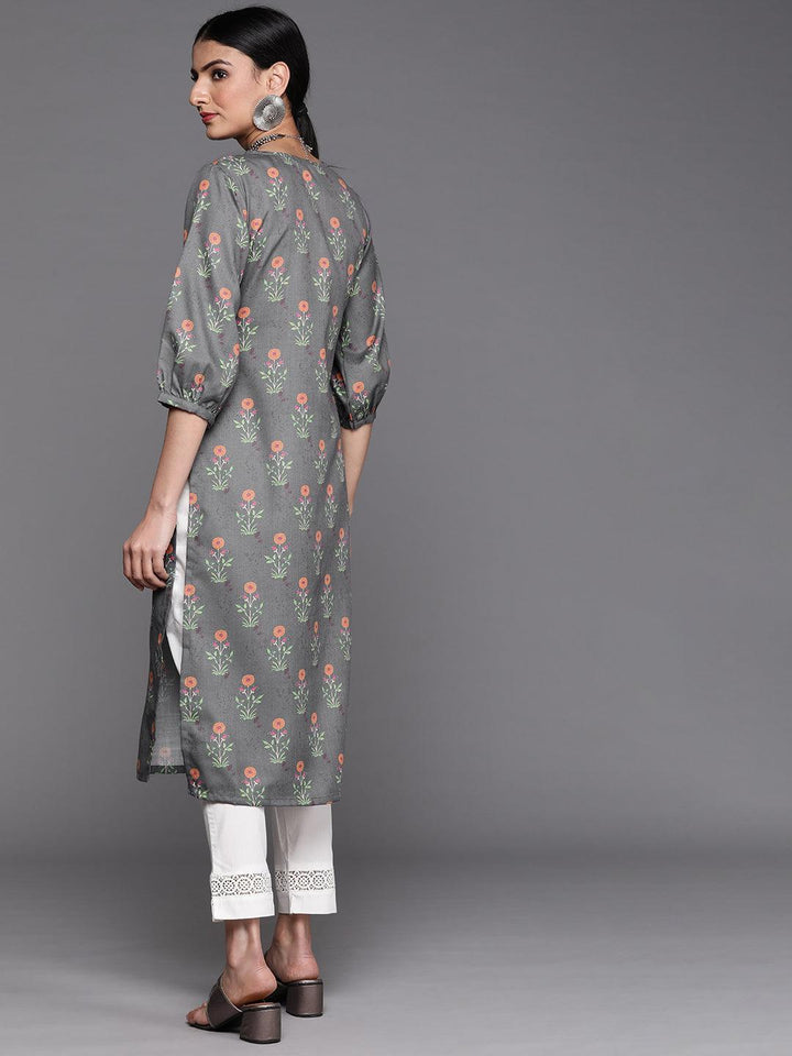 Grey Printed Cotton Kurta - Libas