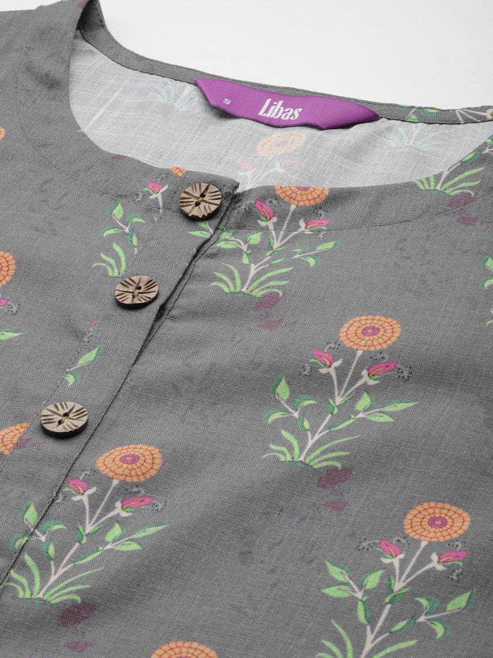 Grey Printed Cotton Kurta - Libas
