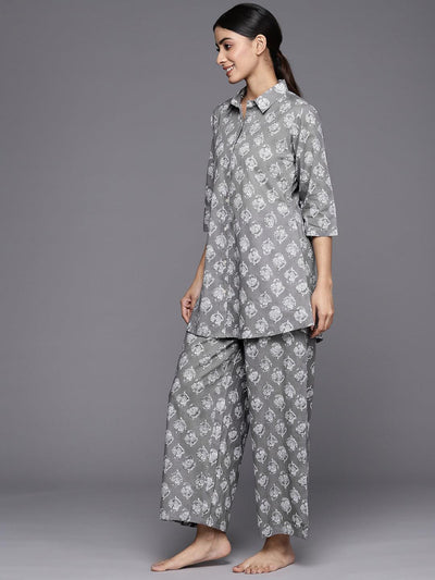 Grey Printed Cotton Night Suit - ShopLibas
