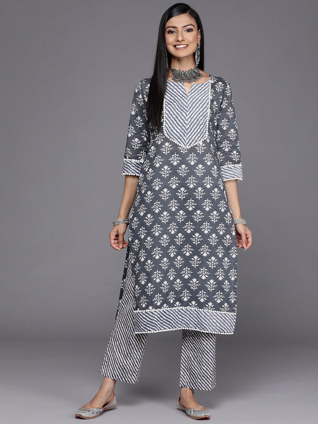Grey Printed Cotton Straight Kurta - ShopLibas