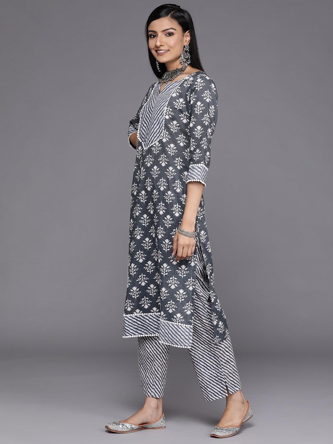 Grey Printed Cotton Straight Kurta - ShopLibas