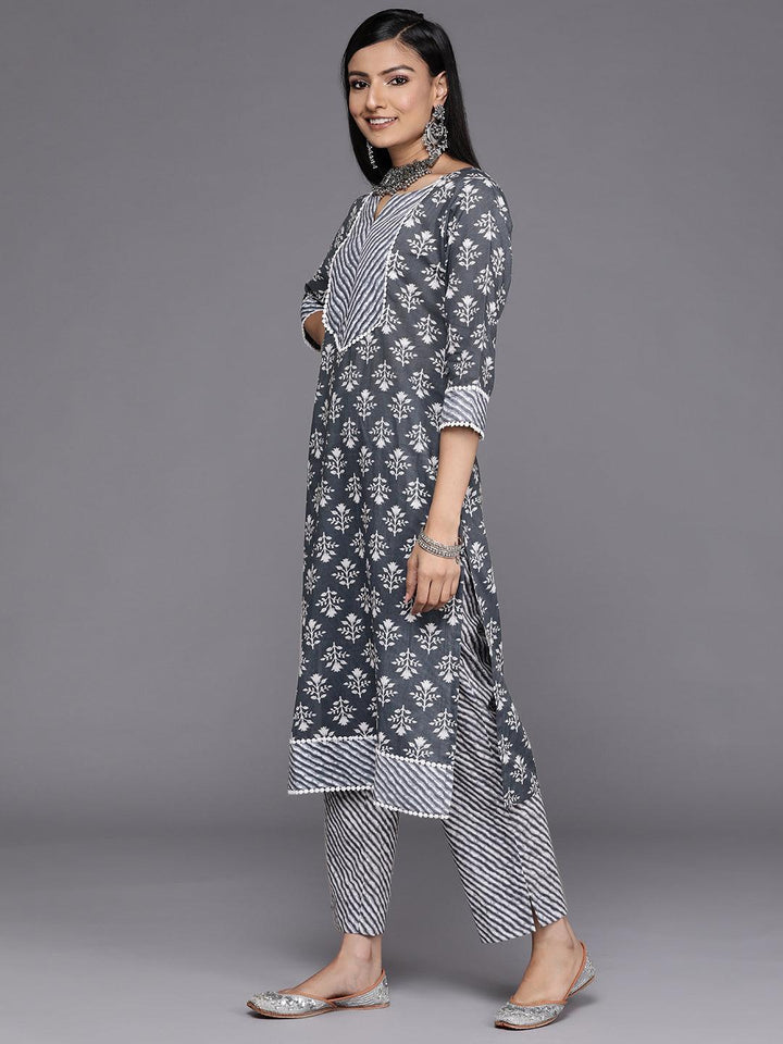Grey Printed Cotton Straight Kurta - ShopLibas