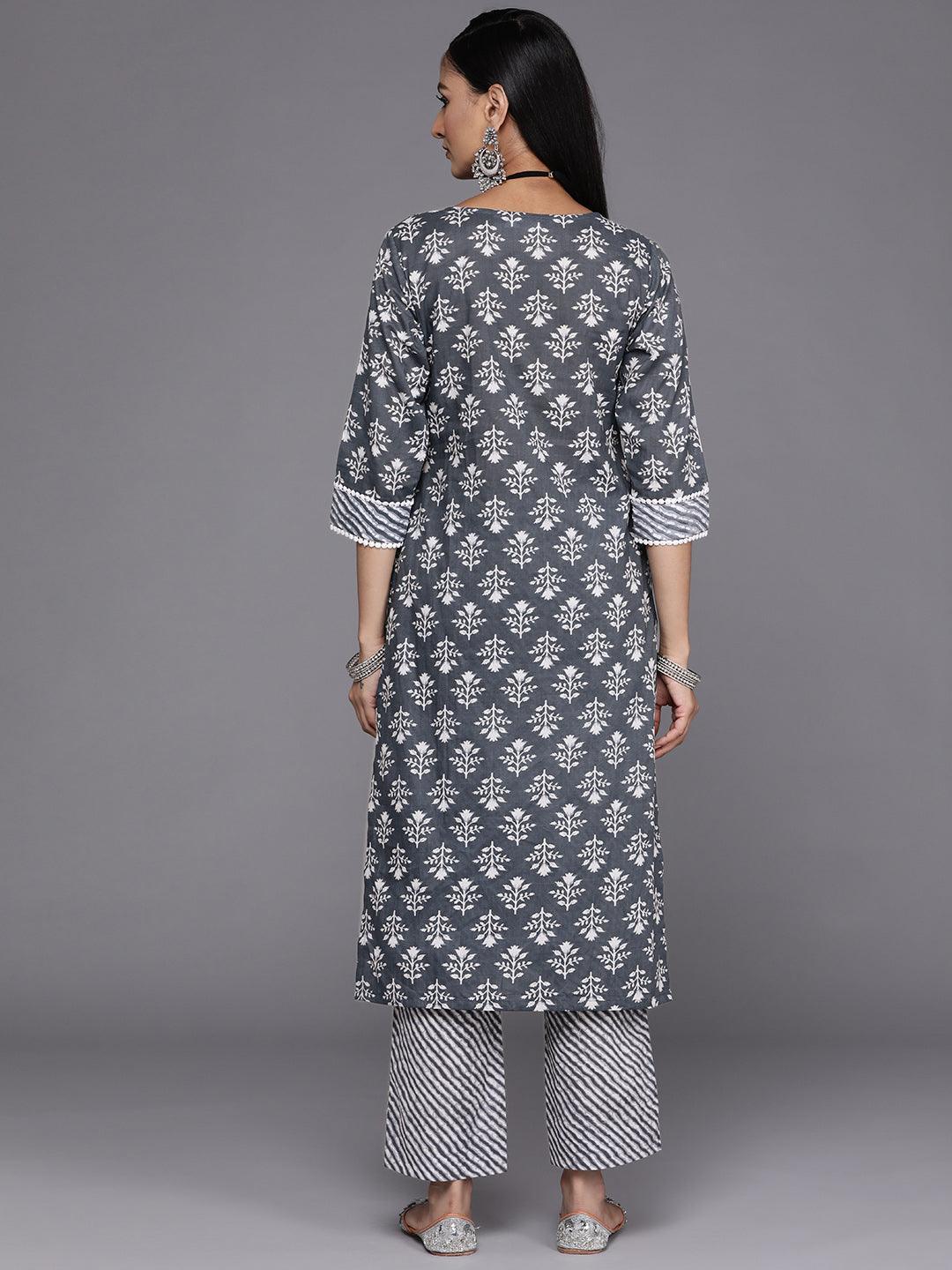 Grey Printed Cotton Straight Kurta - ShopLibas