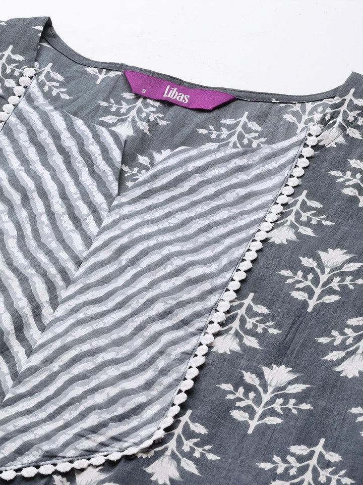 Grey Printed Cotton Straight Kurta - ShopLibas