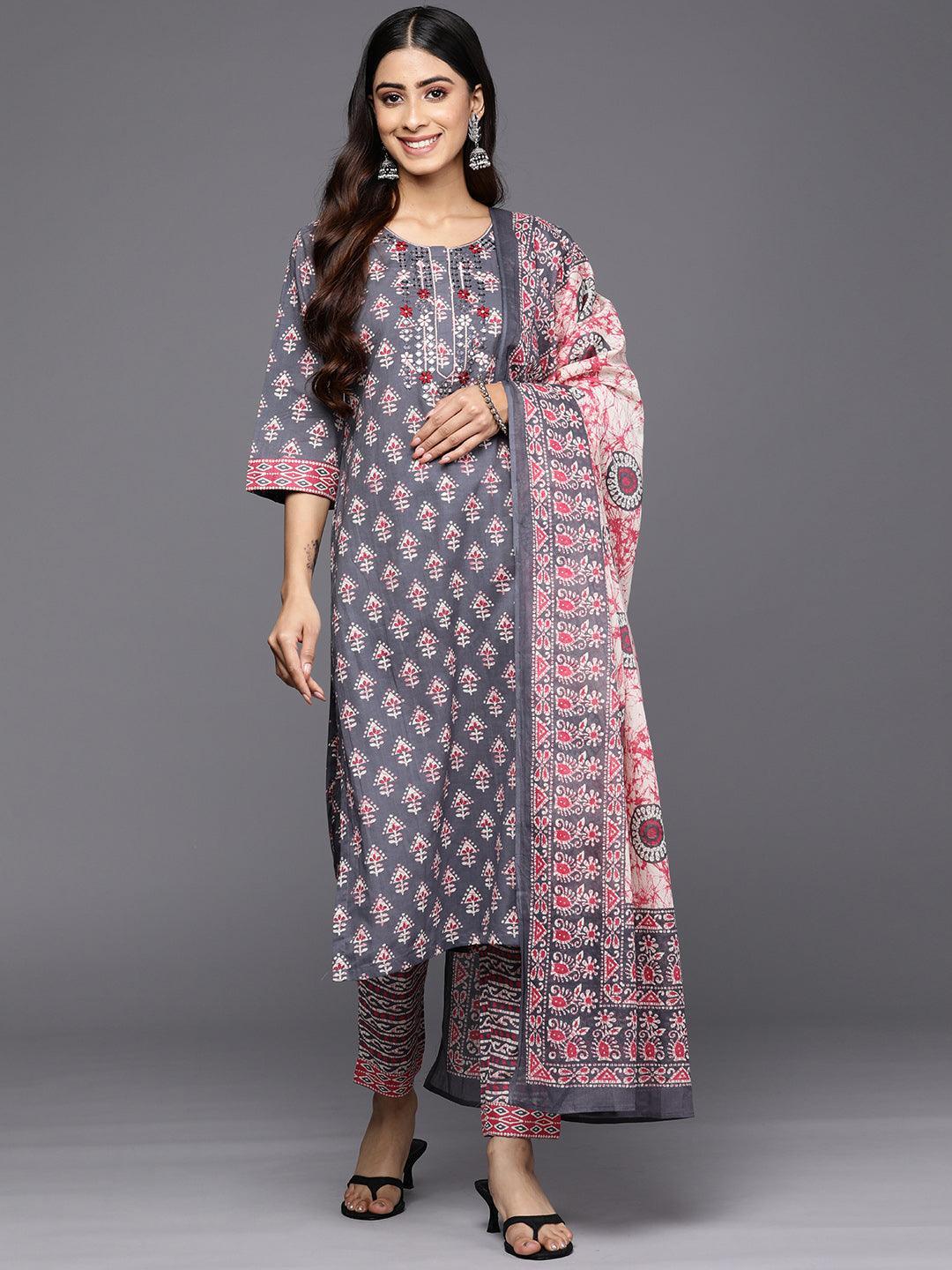 Grey Printed Cotton Straight Suit Set With Trousers - ShopLibas