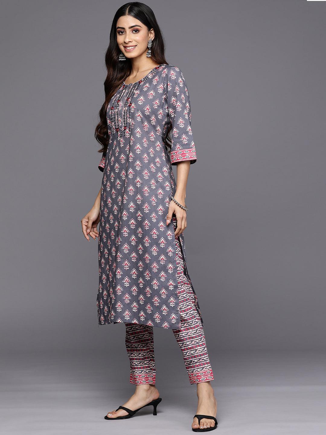 Grey Printed Cotton Straight Suit Set With Trousers - ShopLibas 