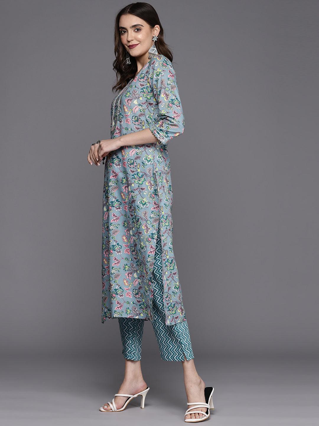 Grey Printed Cotton Straight Kurta With Trousers & Dupatta - Libas 