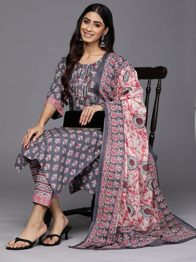 Grey Printed Cotton Straight Suit Set With Trousers - ShopLibas