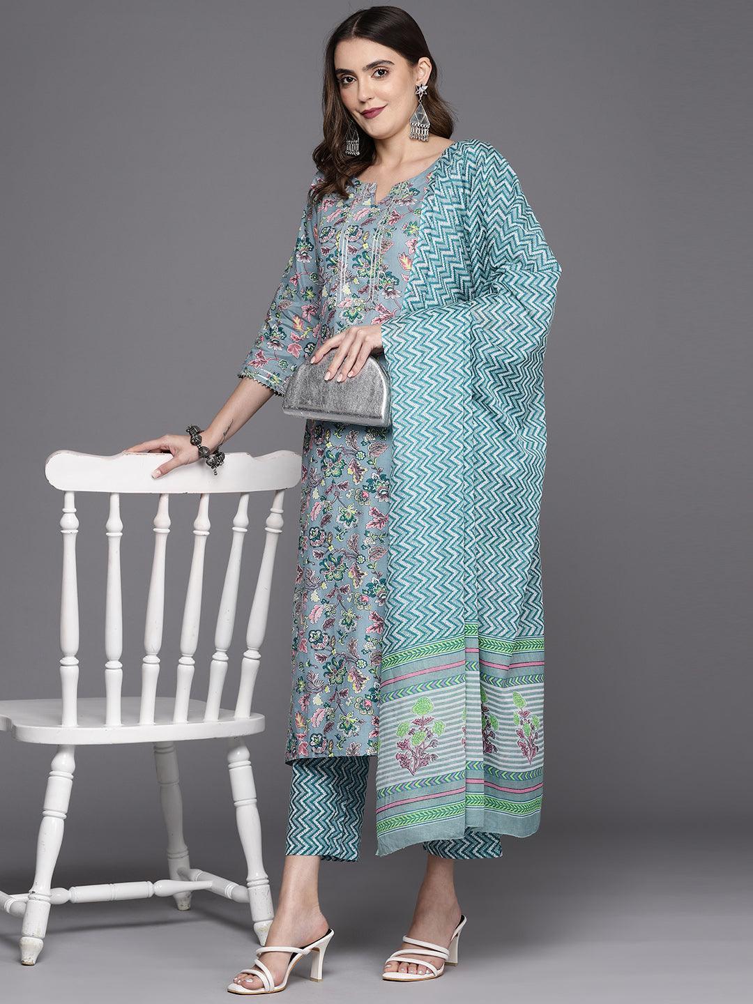 Grey Printed Cotton Straight Kurta With Trousers & Dupatta - Libas 