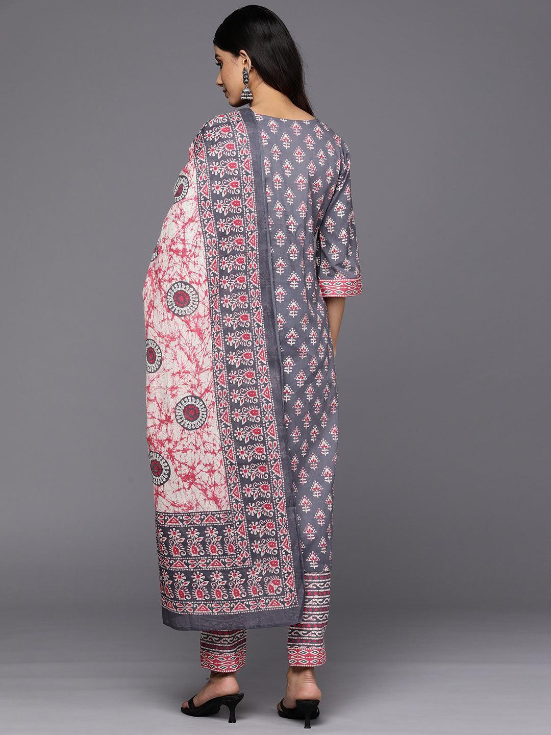 Grey Printed Cotton Straight Suit Set With Trousers - ShopLibas 