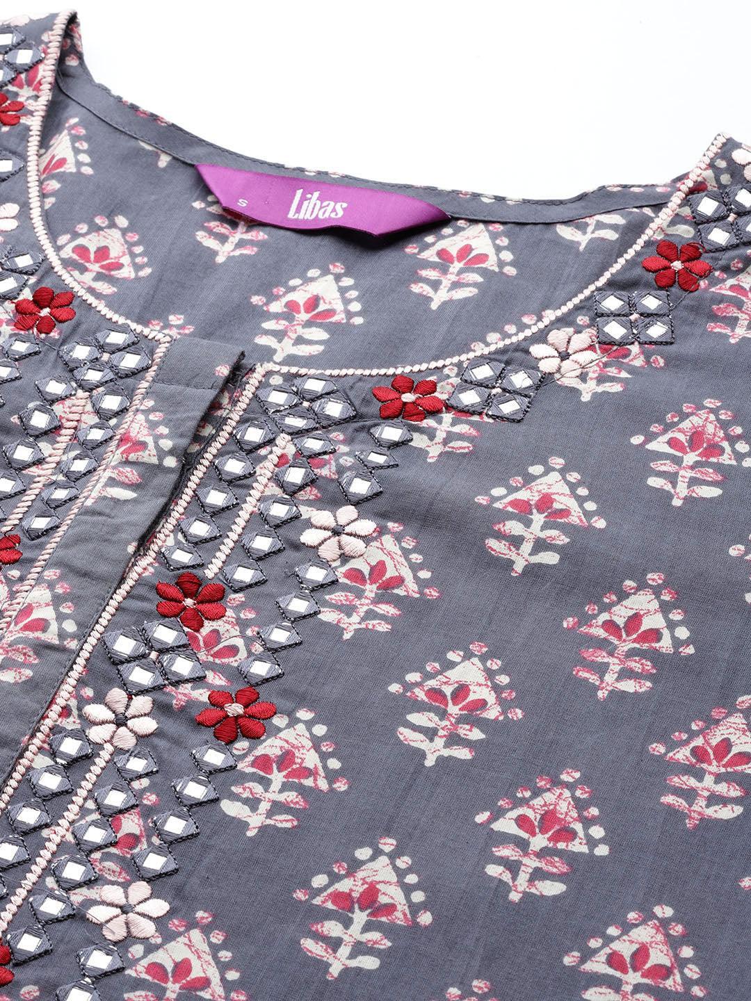 Grey Printed Cotton Straight Suit Set With Trousers - ShopLibas 