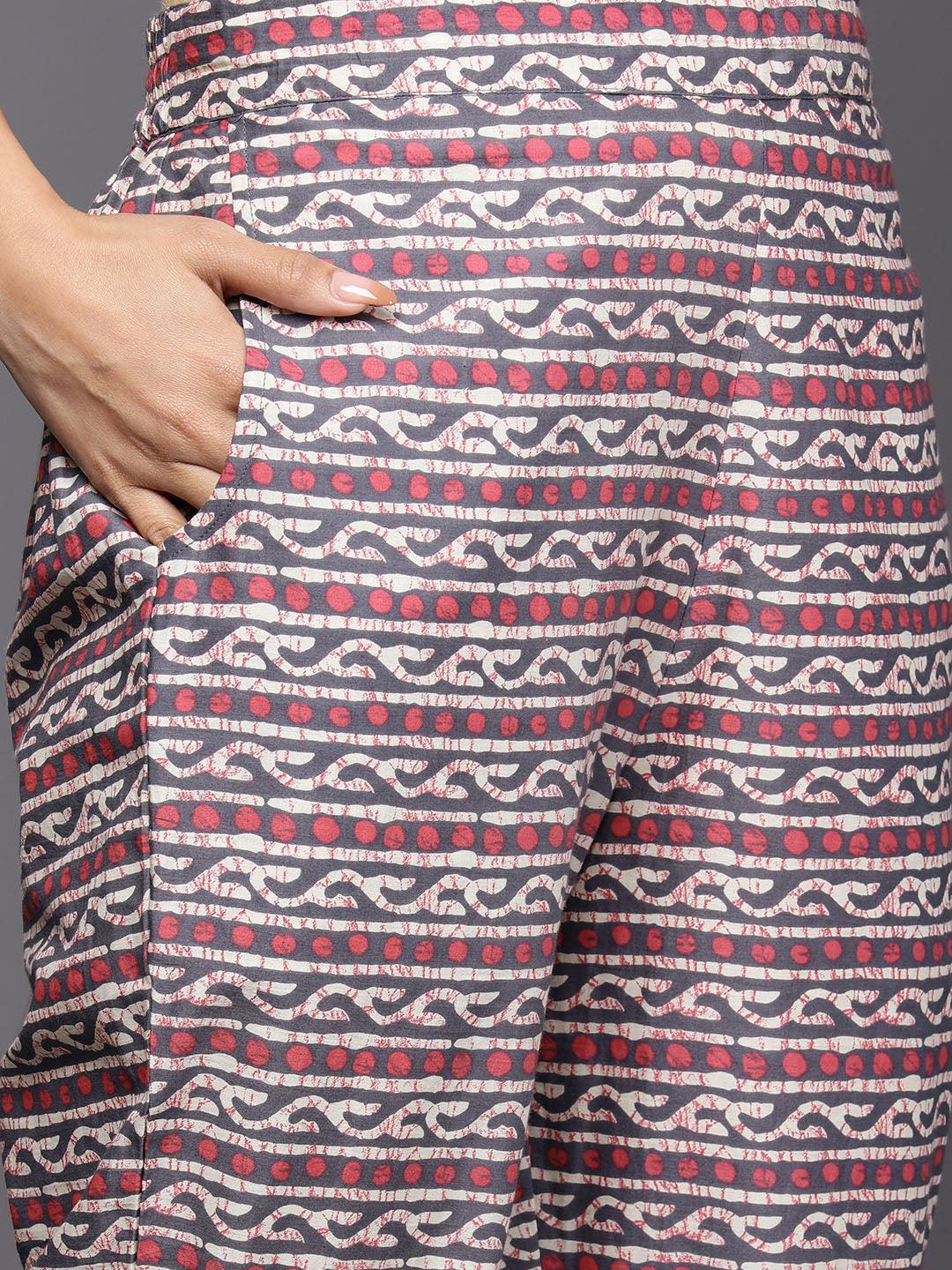 Grey Printed Cotton Straight Suit Set With Trousers - ShopLibas 