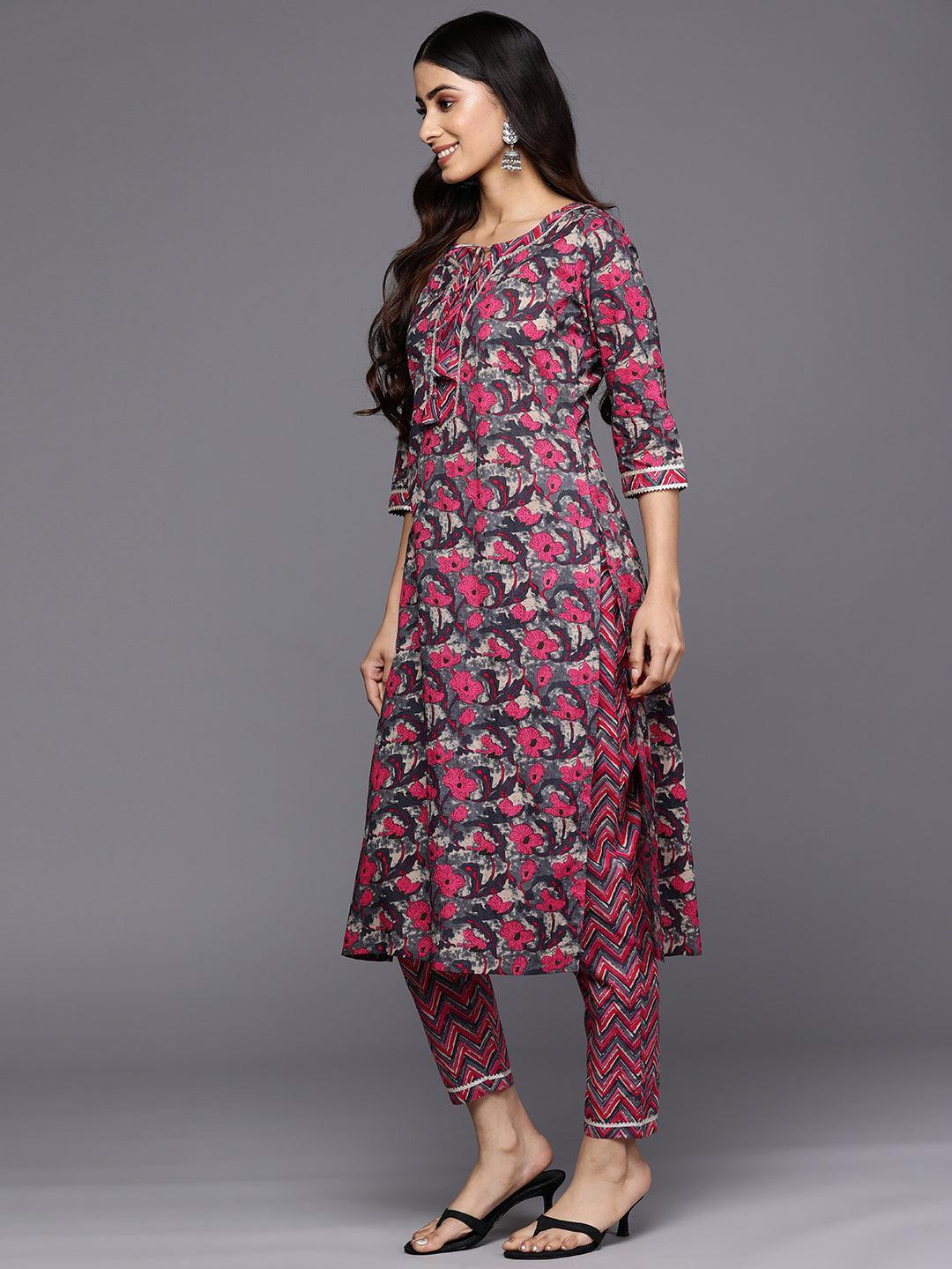 Grey Printed Cotton Straight Kurta Set With Trousers - ShopLibas 