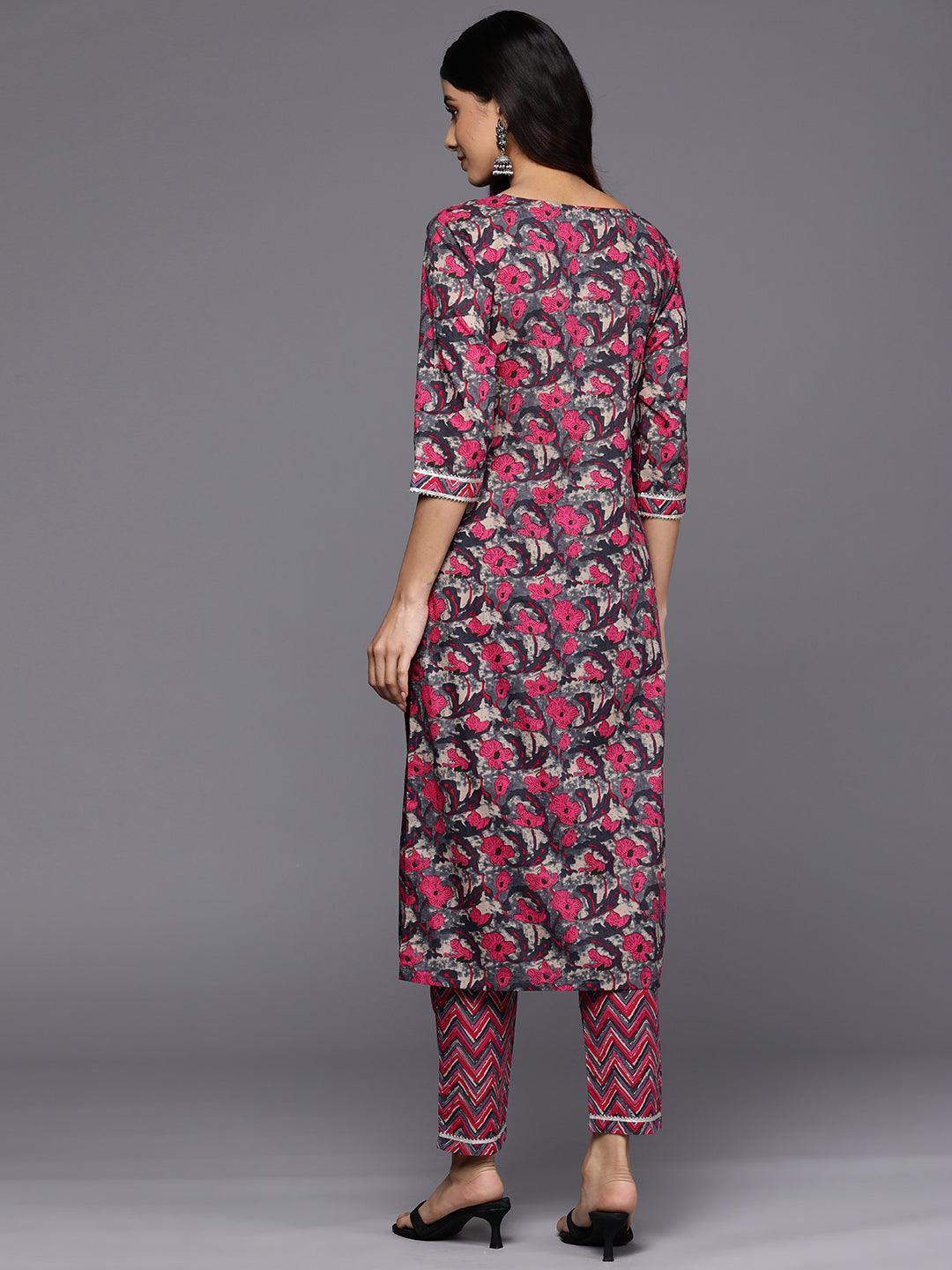 Grey Printed Cotton Straight Kurta Set With Trousers - ShopLibas 