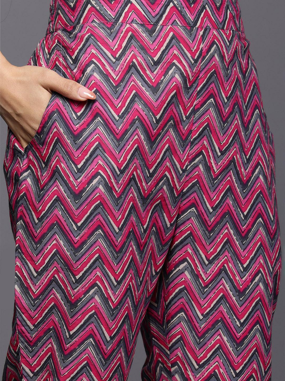 Grey Printed Cotton Straight Kurta Set With Trousers - ShopLibas 
