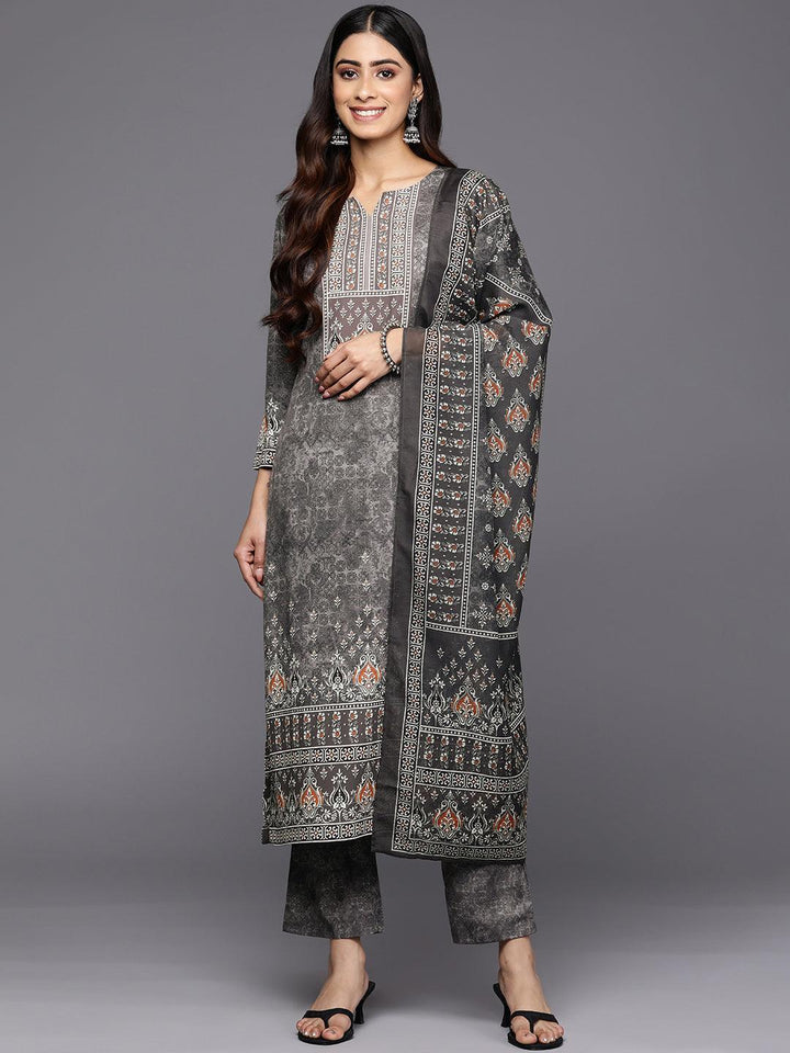 Grey Printed Crepe Straight Suit Set With Trousers