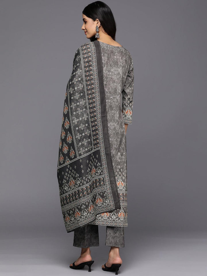 Grey Printed Crepe Straight Suit Set With Trousers