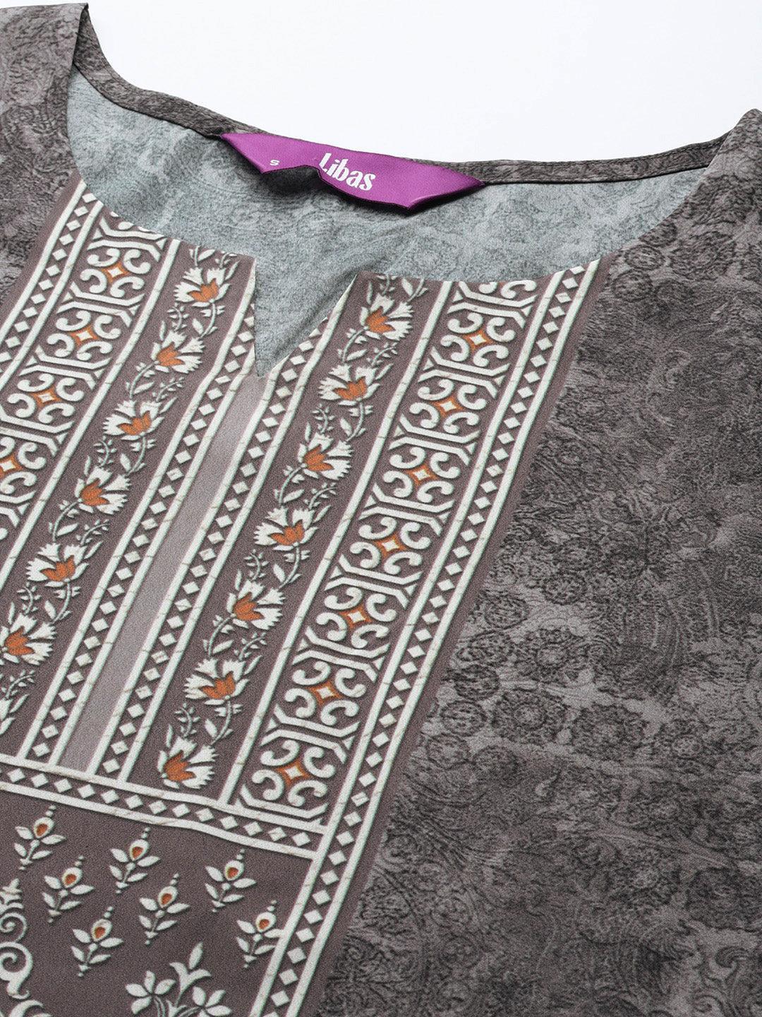 Grey Printed Crepe Straight Suit Set With Trousers - ShopLibas 