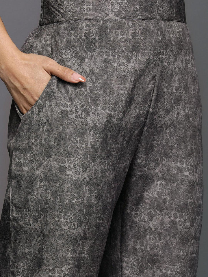 Grey Printed Crepe Straight Suit Set With Trousers