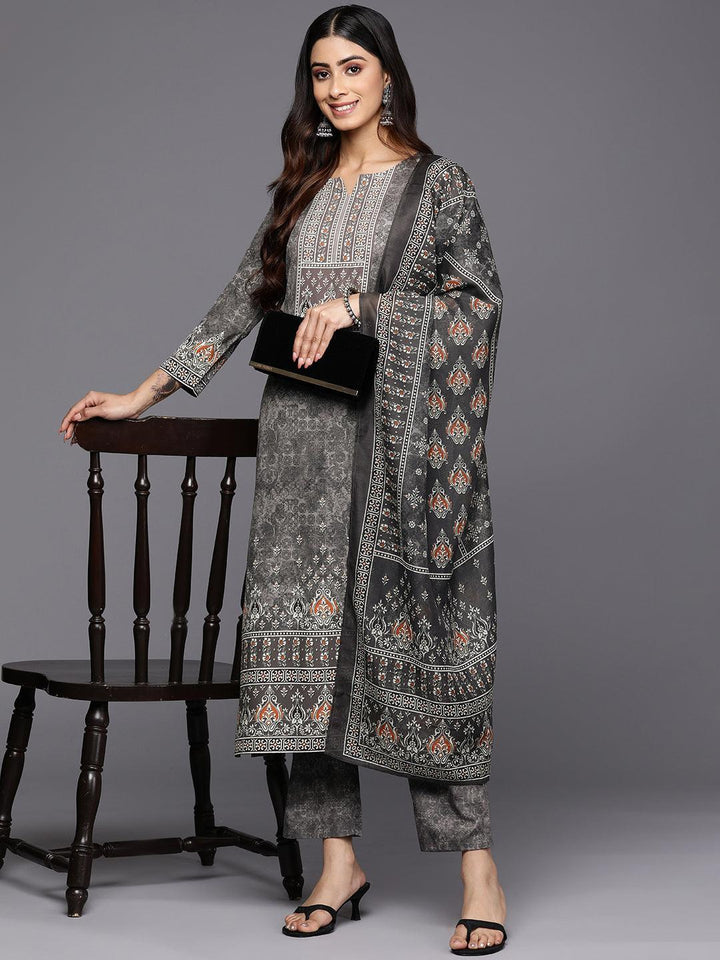 Grey Printed Crepe Straight Suit Set With Trousers