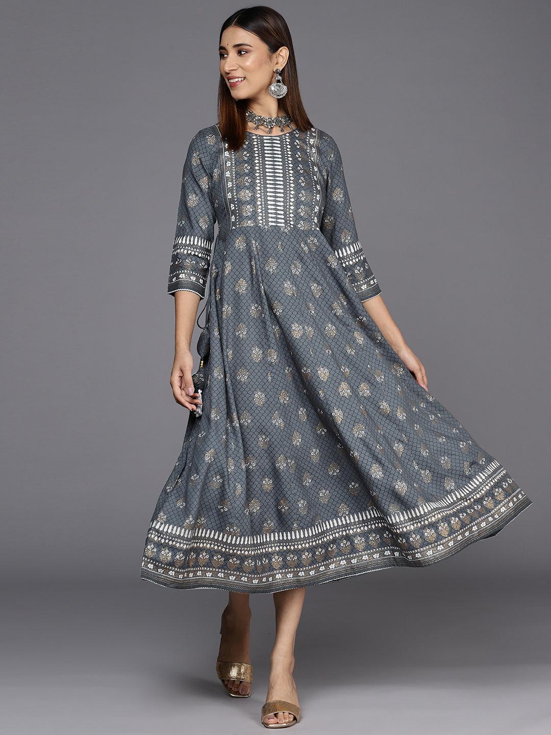 Grey Printed Rayon A-Line Dress - ShopLibas