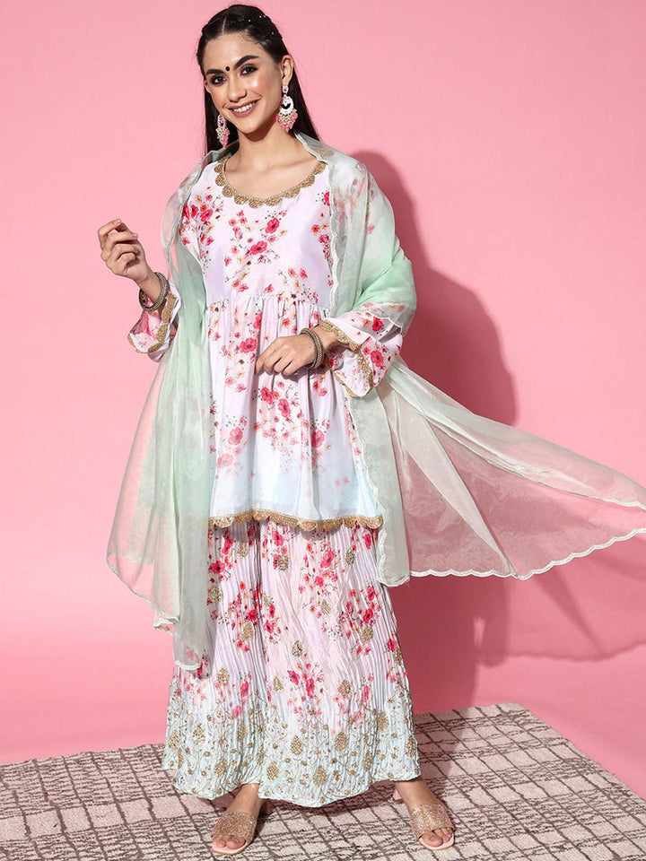 Grey Printed Satin Anarkali Suit Set - ShopLibas