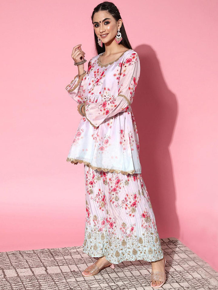 Grey Printed Satin Anarkali Suit Set - ShopLibas