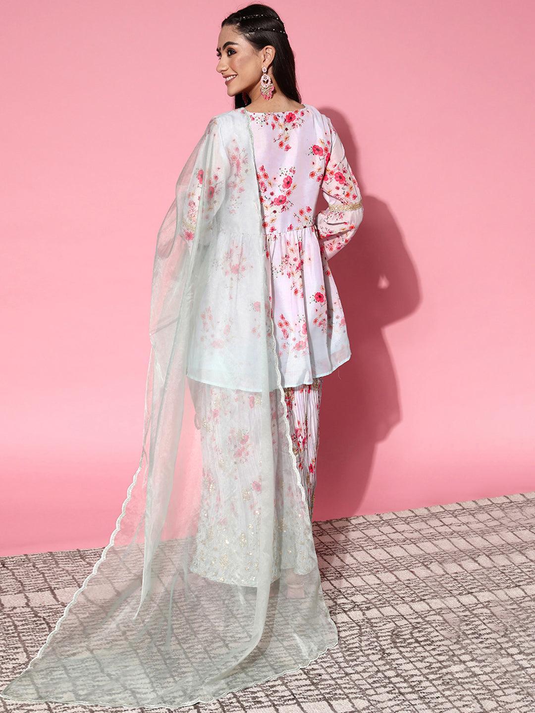 Grey Printed Satin Anarkali Suit Set - ShopLibas