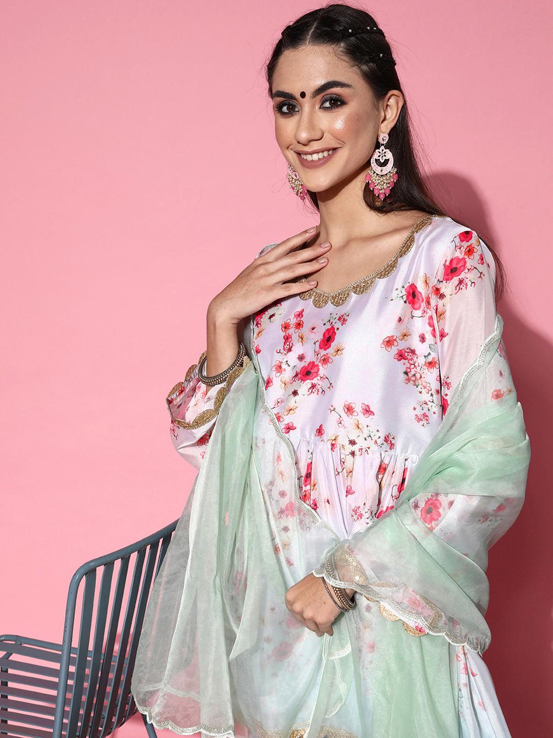 Grey Printed Satin Anarkali Suit Set - ShopLibas